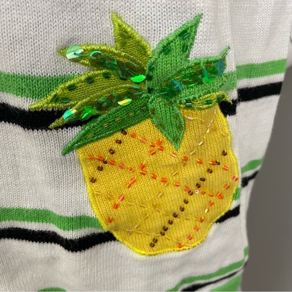 TERAZZO Pineapple Embroidered Beaded Yellow Green Cardigan Sweater - Picture 4 of 9